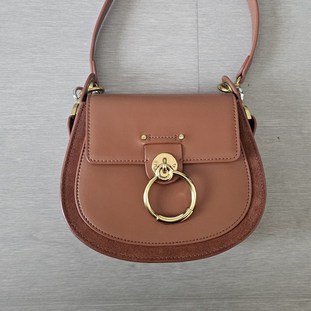 Brown Leather Saddle Bag with Gold Ring Accent